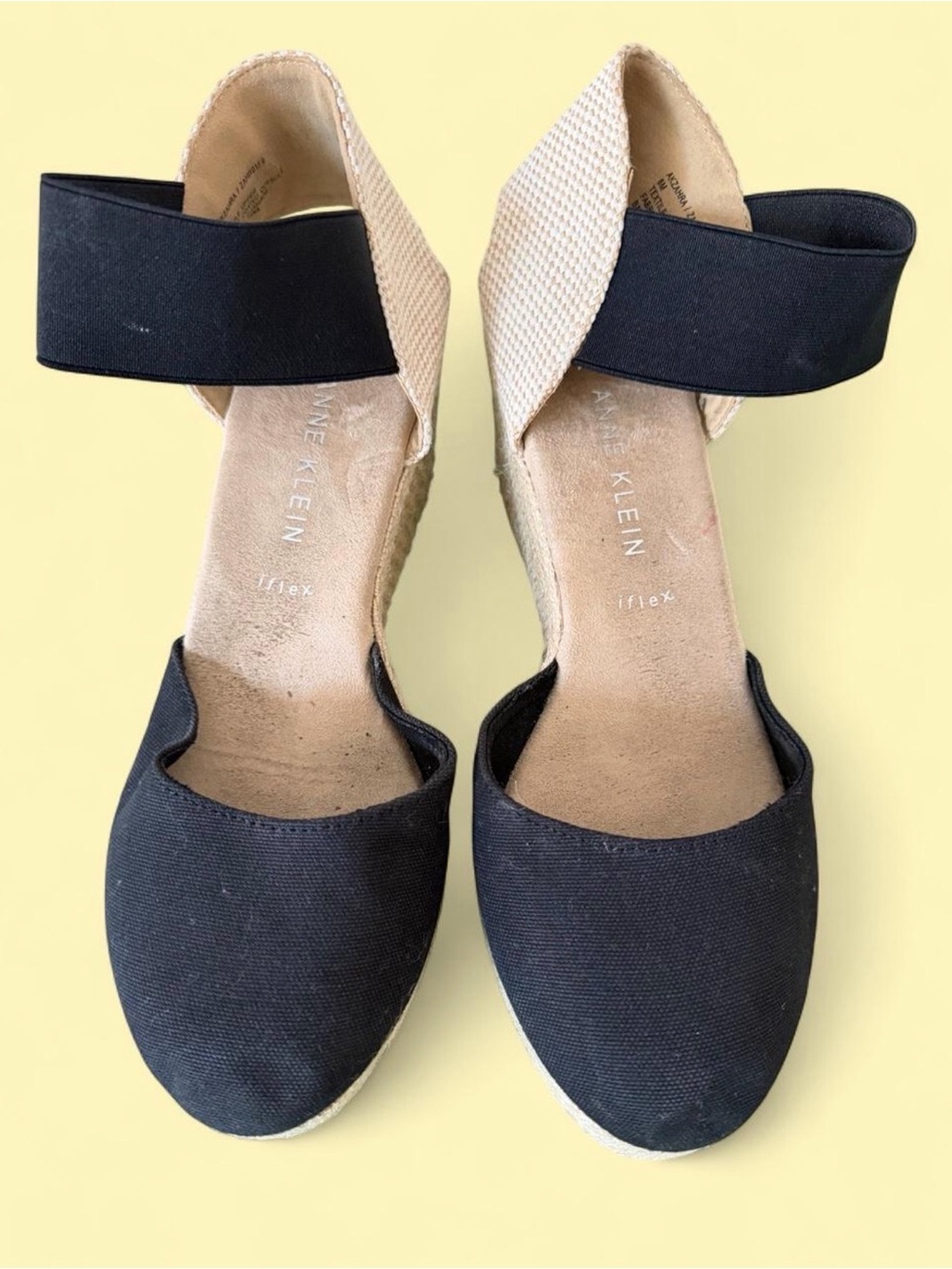 Anne Klein Black and Tan Canvas Espadrille Wedges